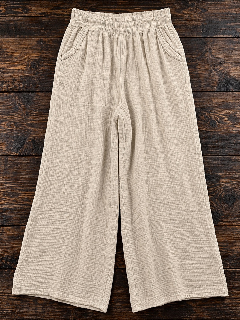 Zenana Outfitters Beige Wide-Leg Gauze Pants